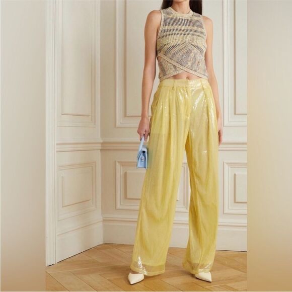 Staud NWT Luisa Pleated Sequined Wide Leg Pants Yellow Size 0 MSRP $450 - Picture 1 of 9